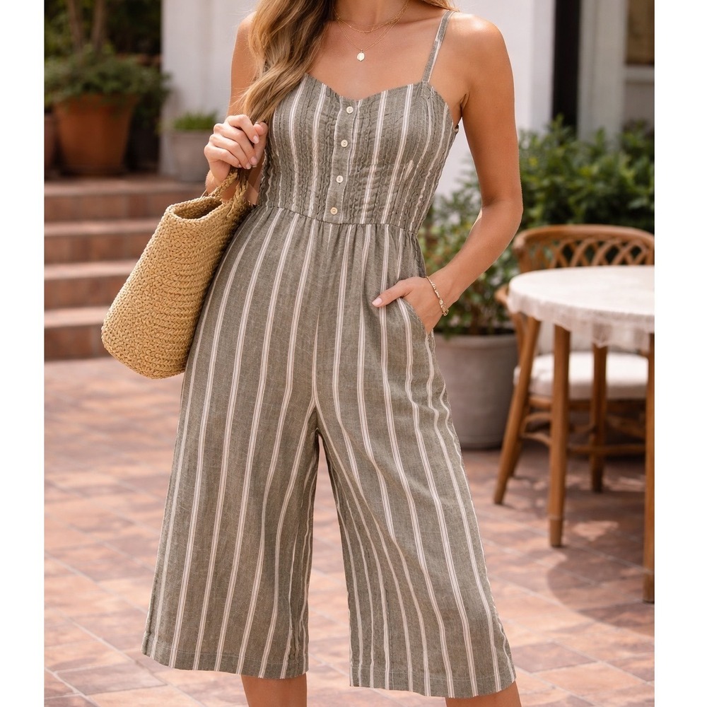 Madewell Linen Striped Wide Leg Jumpsuit Olive Green White Button Front 2 L2